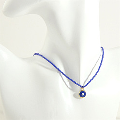 NE1798-pure blue Bohemian Colorful Rice Bead Necklace - Simple, Sweet, Cool, Devil Eye Pendant