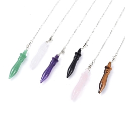 Mixed Stone Natural Mixed Gemstone Pointed Dowsing Pendulums, with Platinum Plated Brass Cable Chain, Bullet, 250mm