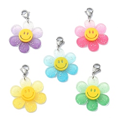 Mixed Color Sunflower with Smiling Face Acrylic Pendant Decorations, with 304 Stainless Steel Lobster Claw Clasps, Mixed Color, 42mm