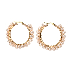 Golden 304 Stainless Steel Hoop Earrings, with Potato Natural Cultured Freshwater Pearls and Copper Wire, Ring Shape, Golden, 44x40mm, Pin: 0.7mm