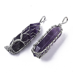 Amethyst Natural Amethyst Big Wire Wrapped Pendants, with Brass Wires, prismatic with Tree of Life, Platinum, 48~62x14~17x13~18mm, Hole: 4x5~6mm