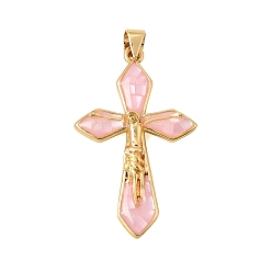 Pink Латунь эмаль подвески, с оболочкой, подвески в виде креста-распятия, без кадмия и без свинца, стойки покрытие, долговечный, реальный 18 k позолоченный, розовые, 34x20x3.5 мм, отверстие : 5x3 мм