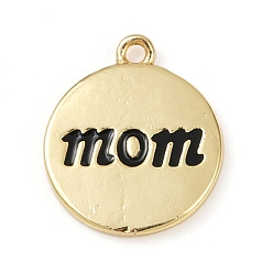 Черный Латунные эмалевые подвески на день матери, Плоский круглый шарм со словом «мама», без свинца и без кадмия, долговечный, стойки покрытие, реальный 18 k позолоченный, чёрные, 15x13x2 мм, отверстие : 1.2 мм