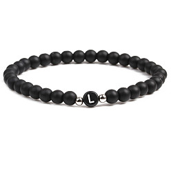 Dumb black stone L 6mm Matte Agate Stone Beaded Letter Bracelet for Men and Couples Jewelry
