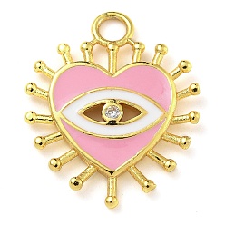 Pink Покрытие стойки латунь микро паве прозрачный кубический цирконий с эмалевыми подвесками, долговечный, без свинца и без кадмия, реальный 18 k позолоченный, сердце прелести, розовые, 21.5x18x2 мм, отверстие : 2.5 мм