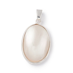 Old Lace Natural Shell Pendants, Oval Charms, with Rack Plating Silver Tone Brass Findings, Old Lace, 35x21.5x7.5mm, Hole: 4.5x6.5mm