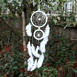 White Feather Pendant Decotations, with Wooden Beads, ABS Plastic Rings and Faux Suede Cord, Woven Net/Web, White, 500mm, Ring: 70~110mm In Diameter