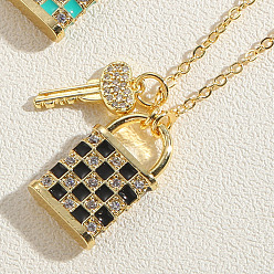 Black Real 14K Gold Plated Brass Cubic Zircon Pendant Necklace, Valentine's Day Theme Enamel Lock & Key Jewelry for Women, Black, 17.72 inch(45cm)