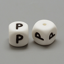 Letter P Food Grade Eco-Friendly Silicone Beads, Chewing Beads For Teethers, DIY Nursing Necklaces Making, Letter Style, Cube, Letter.P, 12x12x12mm, Hole: 2mm