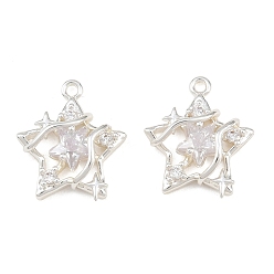 Silver Brass Micro Pave Clear Cubic Zirconia Pendants, Star Charms, Silver, 17.5x15x5mm, Hole: 1.4mm