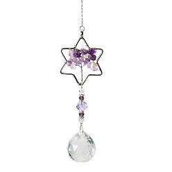 Indigo K9 Crystal Glass Big Pendant Decorations, Hanging Sun Catchers, with Amethyst Chip Beads, Star with Tree of Life, Indigo, 37cm