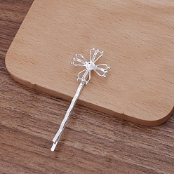 Silver Iron Hair Bobby Pin Findings, with Flower Brass Findings, Silver, 55x2mm