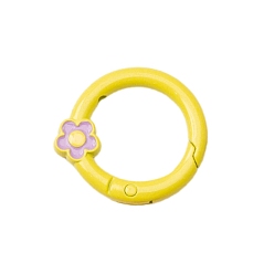 Yellow Spray Painted Alloy Spring Gate Ring, Ring with Flower, Yellow, 27x4mm, Hole: 1.3mm