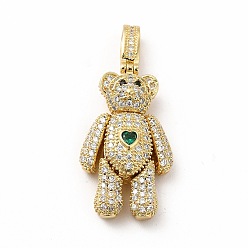 Green Rack Plating Brass Micro Pave Cubic Zirconia Pendants, Cadmium Free & Lead Free, Real 18K Gold Plated, Long-Lasting Plated, Mechanical Charm, Bear with Heart Charm, Green, 32x17.5x8.5mm, Hole: 3x6.5mm