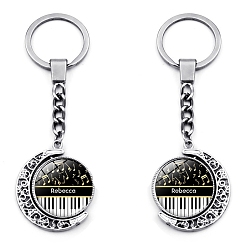 Platinum Double Sided Rotatable Moon Alloy Pendant Keychains, with Half Round with Electric Piano Glass Cabochons, Platinum, 10cm