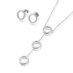 Stainless Steel Color Round Ring 304 Stainless Steel Jewelry Sets, Cable Chains Pendant Necklaces and Stud Earrings, with Ear Nuts and Lobster Claw Clasps, Stainless Steel Color, 19.96 inch(50.7cm), 10.5mm, Pin: 0.7mm