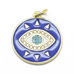 Deep Sky Blue Brass Micro Pave Clear Cubic Zirconia Pendants, Real 18K Gold Plated, Long-Lasting Plated, with Enamel and Jump Rings, Flat Round with Eye, Deep Sky Blue, 19x17x1mm, Hole: 3mm, Jump rings: 5x0.7mm.