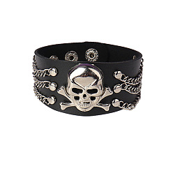 Black Leather Cord Bracelet, Alloy Skull & Chains Tassel Studded Bracelets, Black, 8-5/8 inch(22cm)