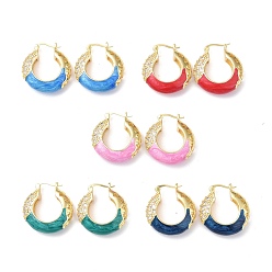 Mixed Color Enamel Hoop Earrings with Clear Cubic Zirconia, Real 18K Gold Plated Brass Jewelry for Women, Lead Free & Cadmium Free, Mixed Color, 27.5x26.5x8.5mm, Pin: 0.9~1.3x0.7mm