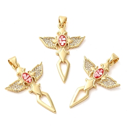 Red Cross with Wing Brass Micro Pave Clear Cubic Zirconia Pendants, with Shell & Enamel, Long-Lasting Plated, Lead Free & Cadmium Free, Real 18K Gold Plated, Red, 33x23x3mm, Hole: 5x4mm
