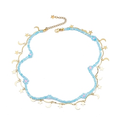Pale Turquoise Moon and Star Charms & Glass Seed Flower Double Layered Necklace, Brass Jewlery for Women, Pale Turquoise, 16.54 inch(42cm)