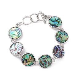 Paua Shell Abalone Shell/Paua ShellBeaded Bracelets, with Brass Findings and Toggle Clasps, Flat Round, Platinum, 8-1/4 inch(20.9cm), 17.5mm