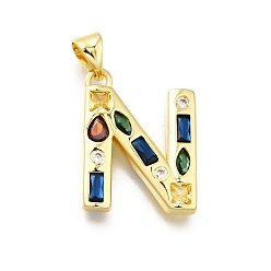 Letter N Латунные микропаве прозрачные подвески с фианитом, с целью перехода в кольце, без свинца и без кадмия, долговечный, стойки покрытие, письмо амулеты, реальный 18 k позолоченный, Письмо N, 19~21x9.5~20x2.7 мм, Перейти кольцо: 5x1 мм, 3 mm внутреннего диаметра.