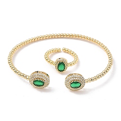 Средний Морско-зеленый Овальные латунные браслеты-манжеты и кольца с микропаве из кубического циркония для женщин, стойки покрытие, реальный 18 k позолоченный, средний морской зеленый, браслет: 3~11.5ширина мм, 61x52 мм внутренним диаметром