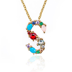 Letter S Golden Brass Micro Pave Cubic Zirconia Initial Pendants Necklaces, with Cable Chains, Colorful, Letter, Letter.S, 17.9~18.1 inch(45.5~46cm)x1.5mm, LetterS: 20x12x6mm