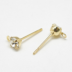 Real 18K Gold Plated Brass Stud Earring Findings, with Loop, Cubic Zirconia, Clear, Real 18K Gold Plated, 6.5x4mm, Hole: 1mm, Pin: 0.7mm