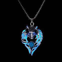 Blue Luminous Glow In The Dark Enamel Wolf Pendant Necklace with Synthetic Turquoise Beaded, Alloy Jewelry, Blue, 27.56 inch(70cm)