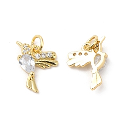 Прозрачный Настоящие 16 k позолоченные латунные подвески с микропаве и кубическим цирконием, с целью перехода в кольце, прелести колибри, прозрачные, 13x11.5x3 мм, отверстие : 3.5 мм