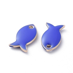 Blue Brass Charms, with Enamel, Fish, Raw(Unplated), Blue, 13.5x7.5x2mm, Hole: 1.2mm