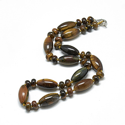 Tiger Eye Natural Tiger Eye Beaded Necklaces, with Alloy Lobster Clasps, 18.1 inch~18.5  inch(46~47cm), Oval: 20x10mm