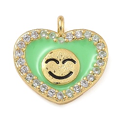Средний Весенно-Зеленый Стойка покрытие латунь микропаве прозрачный кубический цирконий с эмалевыми подвесками, долговечный, без свинца и без кадмия, реальный 18 k позолоченный, сердце с рисунком улыбающегося лица, средний весенний зеленый, 12x11.5x2 мм, отверстие : 1.2 мм