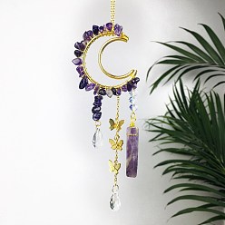 Amethyst Natural Carnelian Chip Wrapped Metal Moon Hanging Ornaments, Glass Teardrop & Butterfly Tassel Suncatchers for Home Outdoor Decoration, 250mm