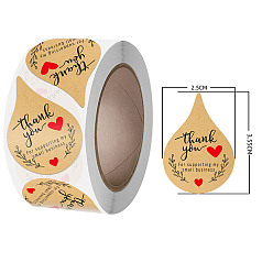 BurlyWood Thank You Stickers Roll, Teardrop Kraft Paper Adhesive Labels, Decorative Sealing Stickers for Christmas Gifts, Wedding, Party, BurlyWood, 35x25mm, 500pcs/roll