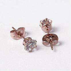 Rose Gold 304 Stainless Steel Stud Earrings, with Cubic Zirconia, Rose Gold, 16mm, Pin: 0.8mm