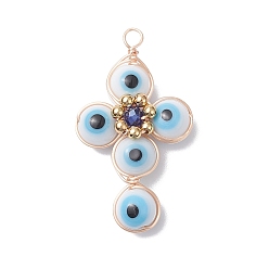 White Brass Wire Wrapped Handmade Evil Eye Lampwork Pendants, with Glass Beads, Cross Charm, White, 40x24x8.5mm, Hole: 3mm