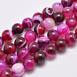 Deep Pink Natural Striped Agate/Banded Agate Bead Strands, Dyed & Heated, Round, Grade A, Deep Pink, 10mm, Hole: 1mm, about 39pcs/strand, 15.2 inch(387mm)