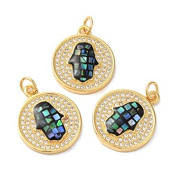 Черный Плоские круглые подвески из латуни с фианитом и хамсой, с эмалью и ракушкой, долговечный, без свинца и без кадмия, реальный 18 k позолоченный, с прыжковых колец, чёрные, 20x17x3 мм, отверстие : 3 мм