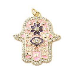 Pink Латунные микро проложить кубического циркония подвески, Религия Хамса обереги для рук, с эмалью, без свинца и без кадмия, долговечный, стойки покрытие, реальный 18 k позолоченный, с целью перехода в кольце, розовые, 31.5x27x2.5 мм, отверстие : 3.4 мм