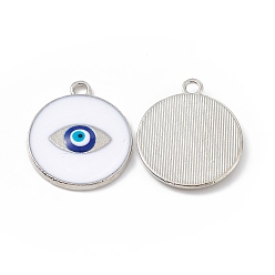White Alloy Pendants, with Enamel, Flat Round with Evil Eye Charm, Platinum, White, 24x20.5x2mm, Hole: 2.3mm