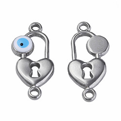 White 304 Stainless Steel Enamel Connector Charms, Stainless Steel Color, Heart-Shaped Lock with Evil Eye, White, 23x11x3mm, Hole: 1.5mm