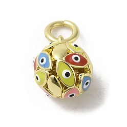 Colorful Brass Enamel Charms, with Jump Ring, Real 18K Gold Plated, Round with Evil Eye Charm, Colorful, 12.5x10mm, Hole: 3.6mm