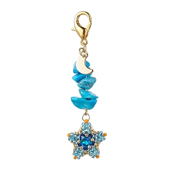 Synthetic Turquoise TOHO Seed Pendant Decorations, with Synthetic Turquoise Beads and Pointed Back & Back Plated K9 Glass Rhinestone Cabochons, Zinc Alloy Lobster Claw Clasps, Star, 65~66mm, Pendants: 49~50x18~19x6~7mm