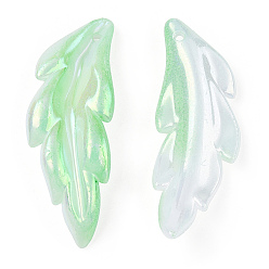 Light Green Transparent Acrylic Pendants, AB Color Plated, Feather Charm, Light Green, 40x14.5x5mm, Hole: 1.5mm, about 450pcs/500g