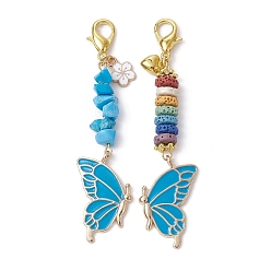 Deep Sky Blue Butterfly Alloy Enamel Pendants Decoraiton, Synthetic Turquoise Chip & Natural Lava Rock Beads and Lobster Claw Clasps Charm, Deep Sky Blue, 81~83mm, 2pcs/set