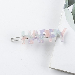 Colorful PVC Hair Bobby Pins, with Metal Finding, Word HAPPY, Colorful, 65x15mm