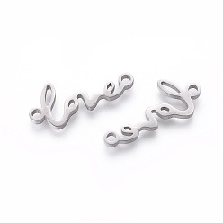 Stainless Steel Color 201 Stainless Steel Links, Manual Polishing, Word LOVE, Stainless Steel Color, 7x17x1.5mm, Hole: 1.4mm
